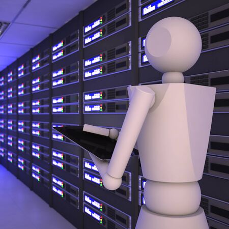 Businessman doll using tablet computer and server room backgroundの写真素材