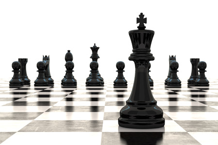 3d rendering chess pieces on glossy chessboardの写真素材