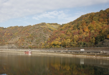 Boat on River Rhine in Loreley, Germanyの写真素材