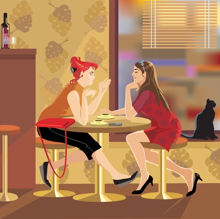 two friends sitting at a table in a cafe のイラスト素材