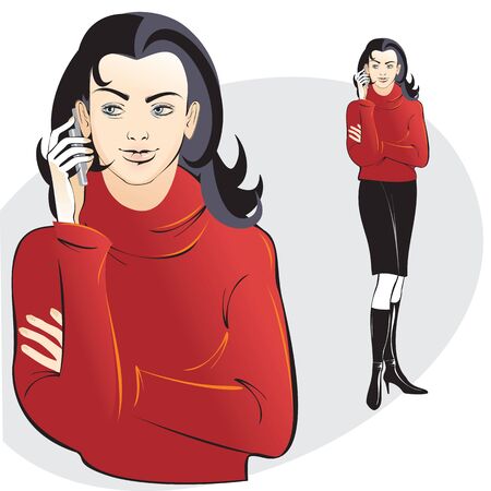 beautiful girl in red sweater with a mobile phoneのイラスト素材