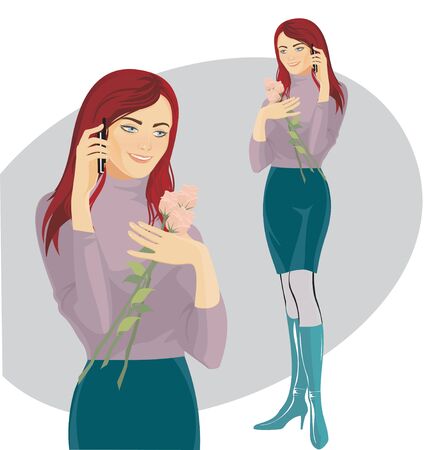 beautiful girl in lilac sweater with a mobile phone のイラスト素材