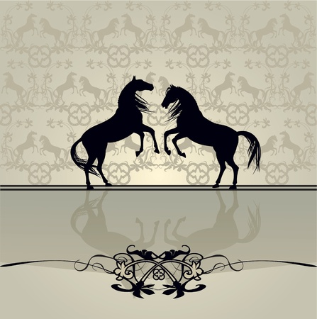 horse sihlouette, background floral patternのイラスト素材