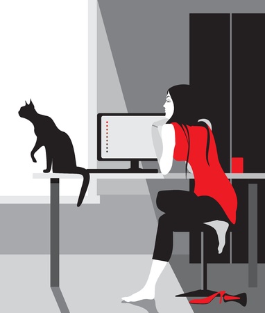 relax girl in red with a black catのイラスト素材