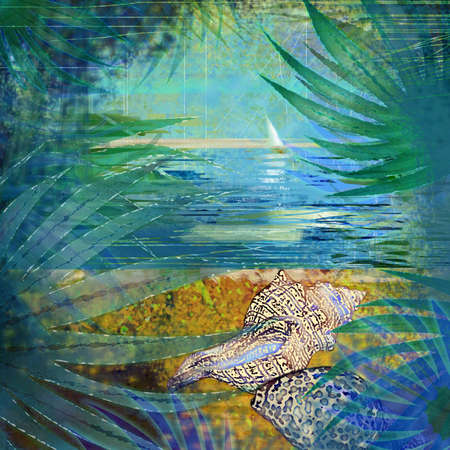 blue tropic sea shells backgroundの写真素材