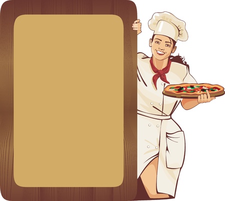italian waitress and pizza menu wooden frameのイラスト素材