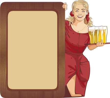 waitress beer, girl in red dressのイラスト素材