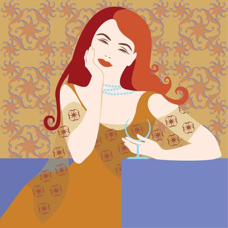 red hair girl on pattern backgroundのイラスト素材