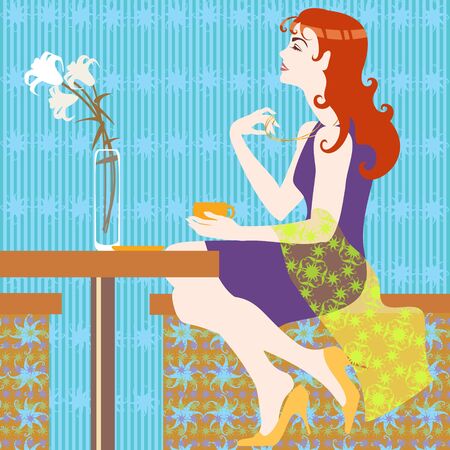 red hair girl with a coffee cupのイラスト素材