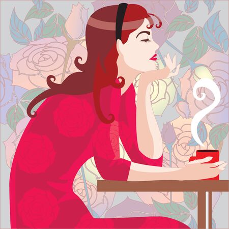 girl in red with a coffee cupのイラスト素材