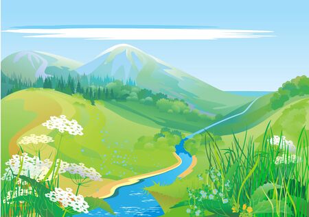 green hills and riverbank, summerのイラスト素材