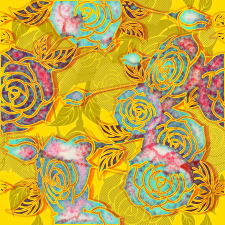 roses, bud turquoise, pink on yellow backgroundの写真素材