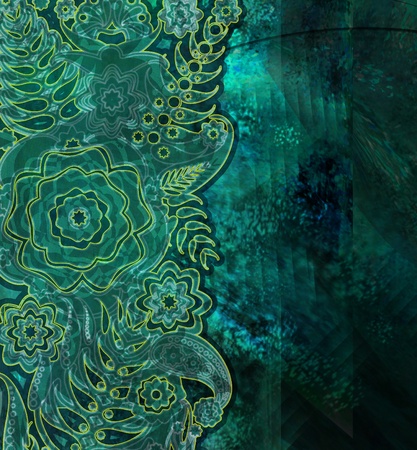 floral pattern dark  green, old wallpaperの写真素材