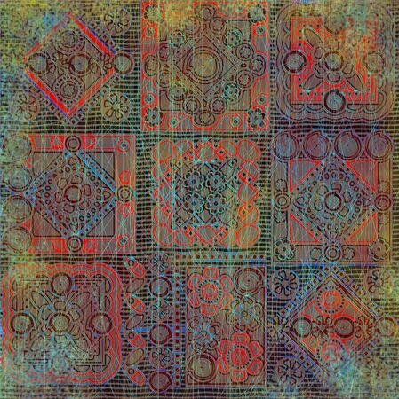 blue and red geometrical pattern on black backgroundの写真素材