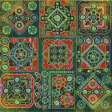 green and red geometrical pattern on black backgroundの写真素材