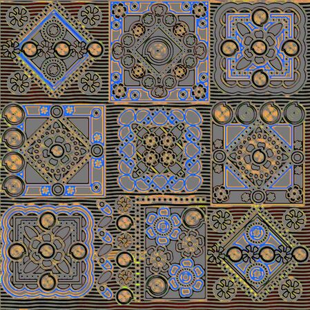 blue and beige geometrical pattern on black backgroundの写真素材
