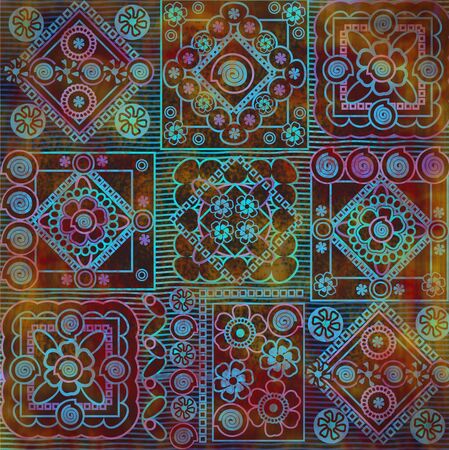 blue and red geometrical pattern on black backgroundの写真素材