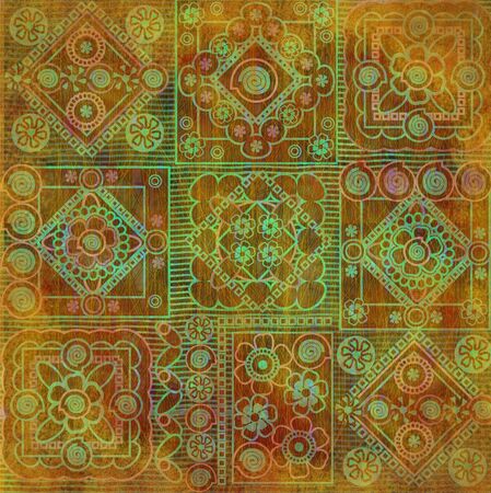 green and red geometrical pattern on black backgroundの写真素材