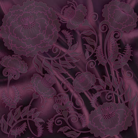 floral design dark silk fabricの写真素材