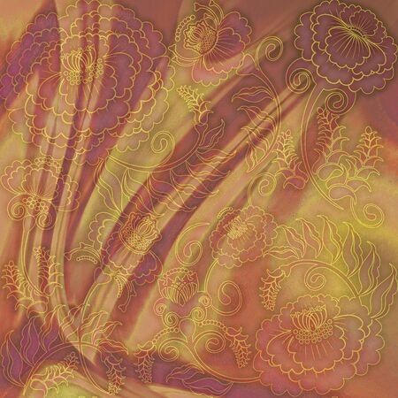 floral design golden silk fabricの写真素材