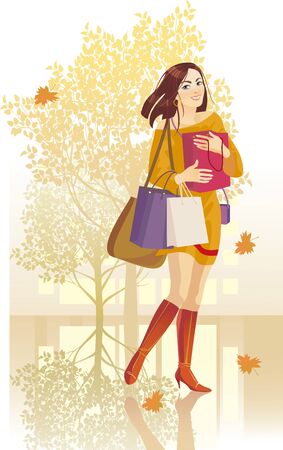 autumn girl, autumn shopping in cityのイラスト素材