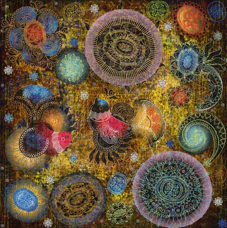 flowers and birds on dark backgroundの写真素材