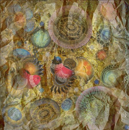 flowers and birds on dark backgroundの写真素材