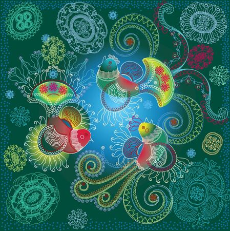 flowers and birds on green backgroundのイラスト素材