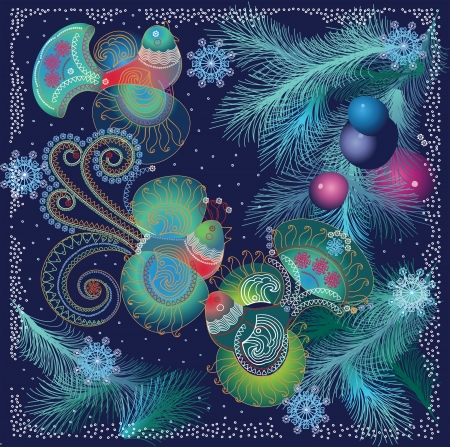 winter birds on dark blue backgroundのイラスト素材