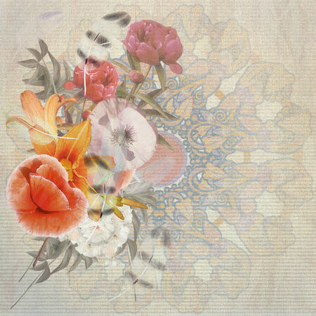 floral postcard, flowers and feathersの写真素材