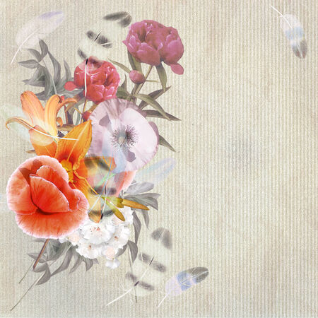 floral postcard, flowers and feathersの写真素材