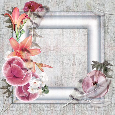floral postcard, flowers and feathersの写真素材