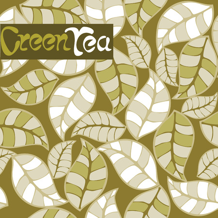 seamless pattern beige, stylized tea leaves, lettersのイラスト素材