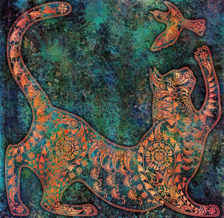 decoration  floral pattern stylized tropical ,cat silhouetteの写真素材