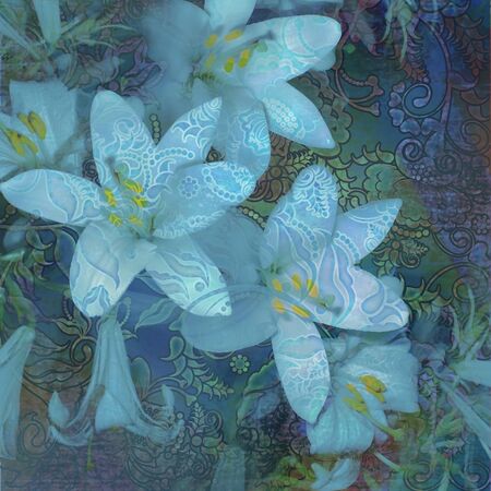 shabby floral pattern background withe silhouettes  white lilyの写真素材