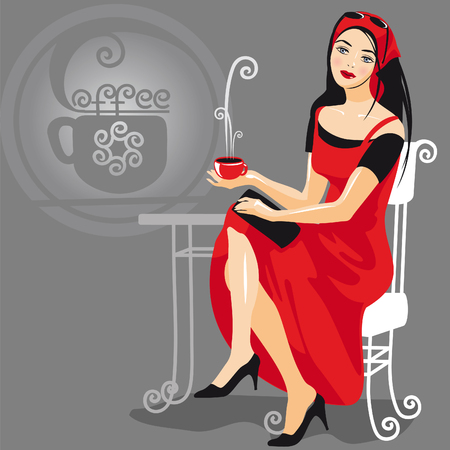 the young cute girl in red; drinking coffeeのイラスト素材