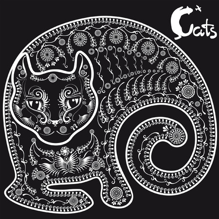 stylized drawing lying cat on black backgroundのイラスト素材