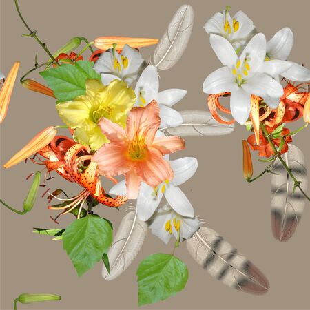 seamless floral bouquet on beige backgroundの写真素材