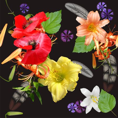 seamless floral bouquet on black backgroundの写真素材