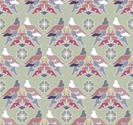 seamless pattern flowers and pgeonsのイラスト素材