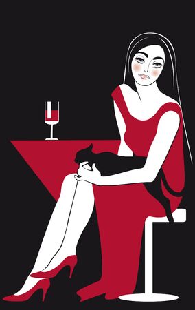 sitting woman beautiful in red with a vine glassのイラスト素材