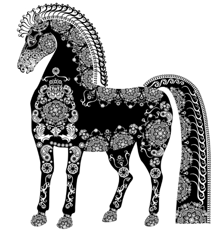 stylized patterned horse, bleack and whiteのイラスト素材