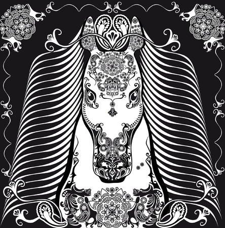 stylized patterned head horse black and whiteのイラスト素材