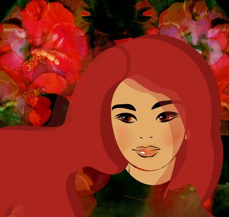 portrait of beautiful red hair oriental girlの写真素材