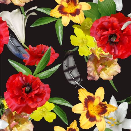 floral design seamles, bouquets on black backgroundの写真素材