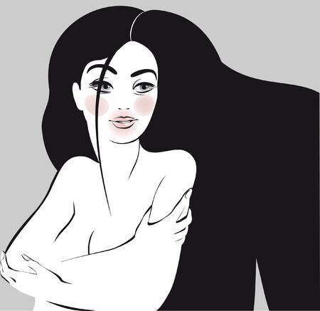 portrait of beautiful brunette on grey backgroundのイラスト素材
