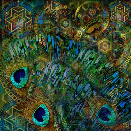 abstract design on geometrical background with peacock feathersの写真素材