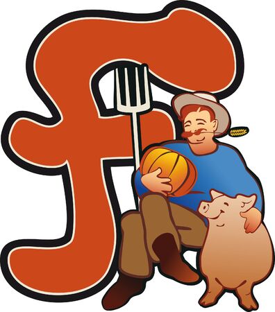 farmer with a pig, design element for labelのイラスト素材