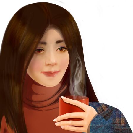 cute young woman drinking coffee on white backgroundの写真素材