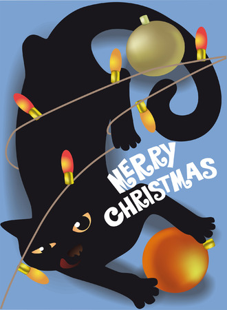 black cat playing with Christmas decorations holiday cardのイラスト素材